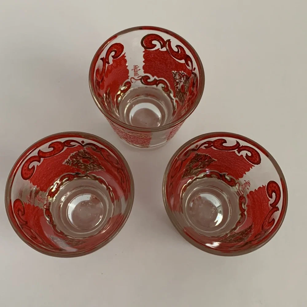 VTG Starlyte Barware Shot Glasses Signed Red and Gold Textured Design Set Of Six